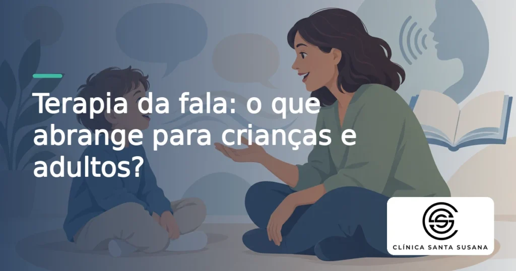 Ilustração conceptual de uma criança e um adulto com balões de diálogo vazios, livro aberto e ondas sonoras suaves.