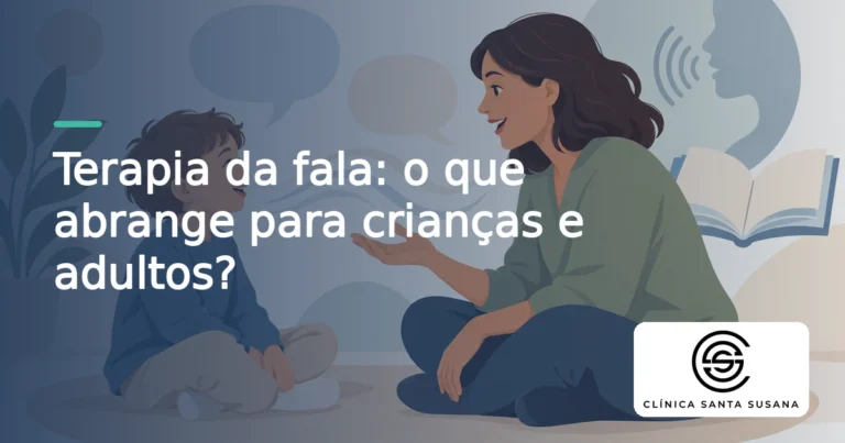 Ilustração conceptual de uma criança e um adulto com balões de diálogo vazios, livro aberto e ondas sonoras suaves.